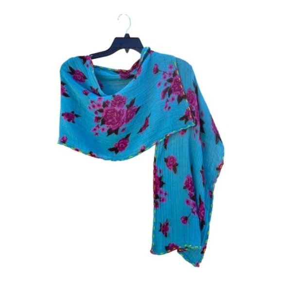 Turquoise & Fushia Floral Printed Scarf 16"x 65" - Picture 3 of 8